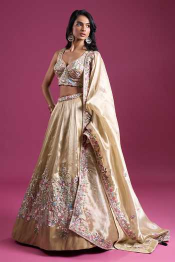 Shop_Samyukta Singhania_Beige Tissue Sweetheart Neck Sequinned And Zari Embroidered Lehenga Set _Online_at_Aza_Fashions