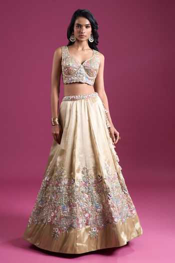 Buy_Samyukta Singhania_Beige Tissue Sweetheart Neck Sequinned And Zari Embroidered Lehenga Set 