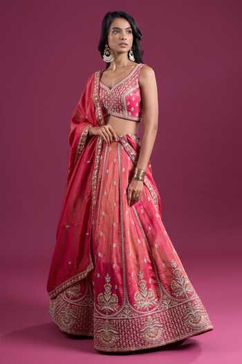 Buy_Samyukta Singhania_Pink Tissue Sweetheart Neck Sequins Embroidered Lehenga Set With Dupatta 