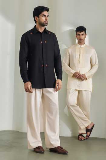 Madhav Agasti_Yellow Silk, Linen Kurta And Pant Set _at_Aza_Fashions
