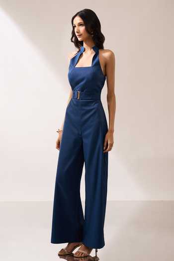Buy_Naintara Bajaj_Teal Back Cutout Jumpsuit With Belt _Online_at_Aza_Fashions