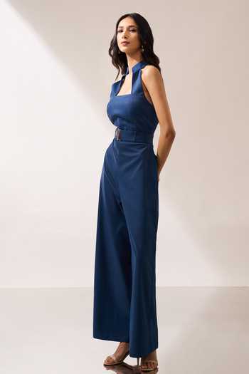 Shop_Naintara Bajaj_Teal Back Cutout Jumpsuit With Belt _Online_at_Aza_Fashions