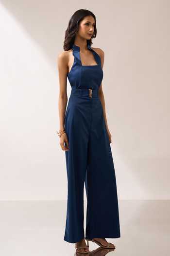 Naintara Bajaj_Teal Back Cutout Jumpsuit With Belt _at_Aza_Fashions