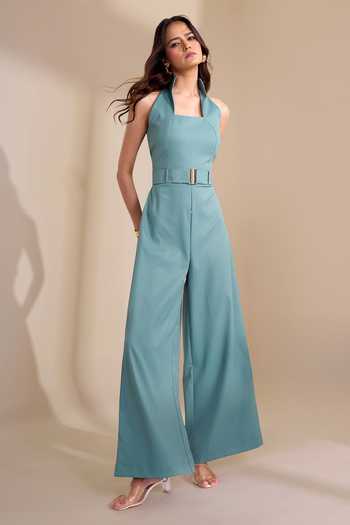 Naintara Bajaj_Green High Collar Back Cut Jumpsuit And Belt Set _Online_at_Aza_Fashions