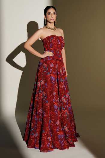 Buy_Kiyohra_Red Georgette Bandeau Neck Scarlet Print Corset With Lehenga _Online_at_Aza_Fashions