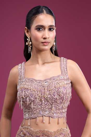 Buy_Samyukta Singhania_Purple Organza, Tissue Square Neck Handwork Jaal Pattern Saree With Blouse 