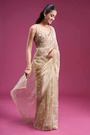 Shop_Samyukta Singhania_Gold Organza, Tissue Sweetheart Neck Handwork Saree With Embroidered Blouse 