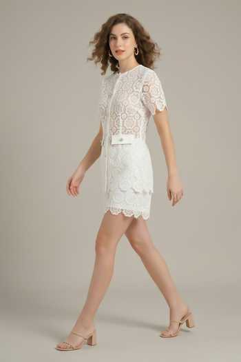 Buy_The Pretty Things by Priyanka B. Sahani_White Cotton, Lace Round Neck Embroidered Top And Shorts Set _Online_at_Aza_Fashions