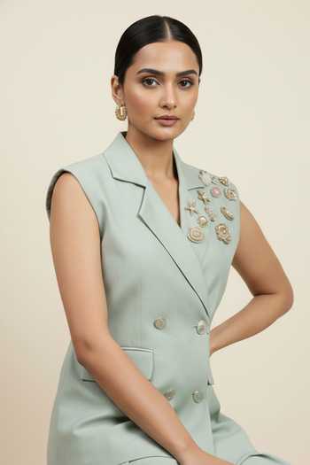 Shop_The Pretty Things by Priyanka B. Sahani_Mint Cotton Collared Hand Embroidered Waistcoat With Skirt _Online_at_Aza_Fashions