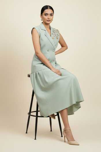 The Pretty Things by Priyanka B. Sahani_Mint Cotton Collared Hand Embroidered Waistcoat With Skirt _at_Aza_Fashions