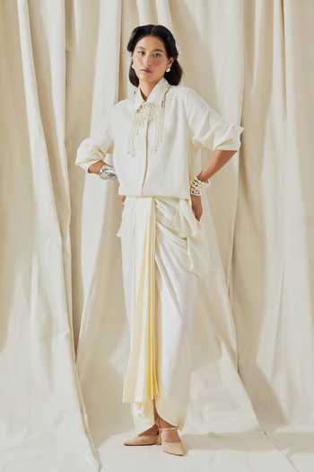 Aseem Kapoor_Gold Silk, Twill Collared Hina Printed Trench Coat Skirt Set _Online_at_Aza_Fashions