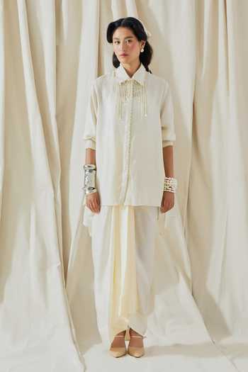 Shop_Aseem Kapoor_Gold Silk, Twill Collared Hina Printed Trench Coat Skirt Set _Online_at_Aza_Fashions