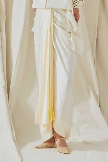 Aseem Kapoor_Gold Silk, Twill Collared Hina Printed Trench Coat Skirt Set _at_Aza_Fashions