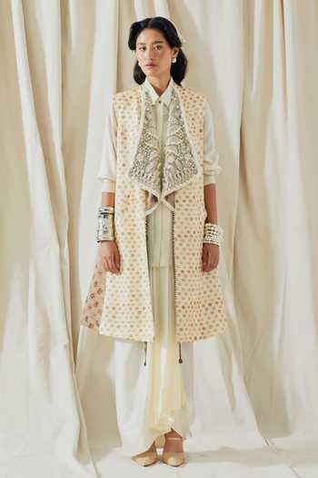 Buy_Aseem Kapoor_Gold Silk, Twill Collared Hina Printed Trench Coat Skirt Set 