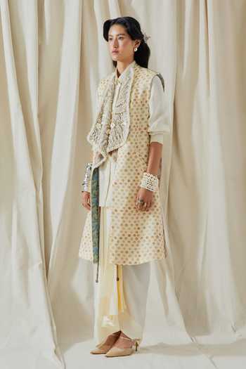 Shop_Aseem Kapoor_Gold Silk, Twill Collared Hina Printed Trench Coat Skirt Set 