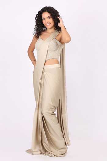 Soniya G_Beige Satin, Modal Sweetheart Neck Pre-draped Saree And Embellished Blouse Set _at_Aza_Fashions