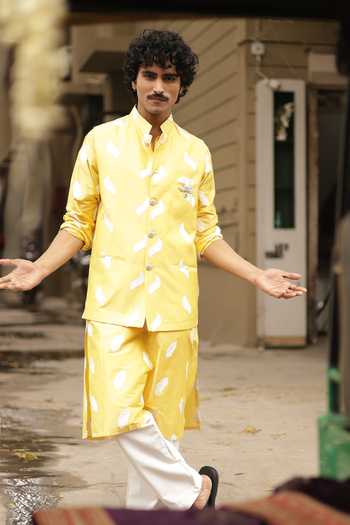 Buy_Dev Ki Raha_Yellow Silk, Tencel Embroidery Peeli Dhoop Bundi And Kurta Set _Online_at_Aza_Fashions