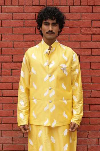 Shop_Dev Ki Raha_Yellow Silk, Tencel Embroidery Peeli Dhoop Bundi And Kurta Set _Online_at_Aza_Fashions