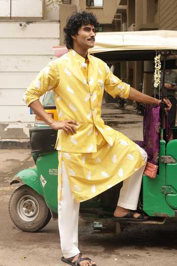 Shop_Dev Ki Raha_Yellow Silk, Tencel Embroidery Peeli Dhoop Bundi And Kurta Set 