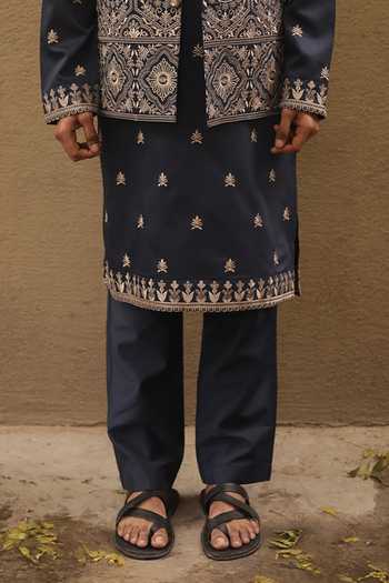 Dev Ki Raha_Blue Silk, Tencel Embroidery Baraati Bundi And Kurta Set _Online_at_Aza_Fashions