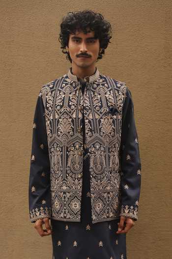 Buy_Dev Ki Raha_Blue Silk, Tencel Embroidery Baraati Bundi And Kurta Set _Online_at_Aza_Fashions