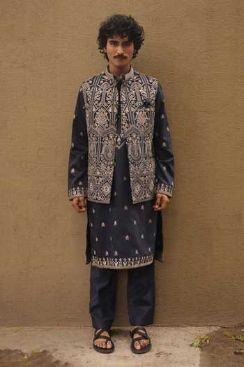Shop_Dev Ki Raha_Blue Silk, Tencel Embroidery Baraati Bundi And Kurta Set _Online_at_Aza_Fashions