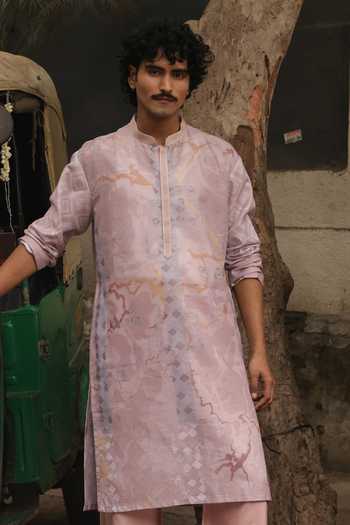 Buy_Dev Ki Raha_Pink Silk, Cotton Gulabi Safar Printed Kurta Set _Online_at_Aza_Fashions