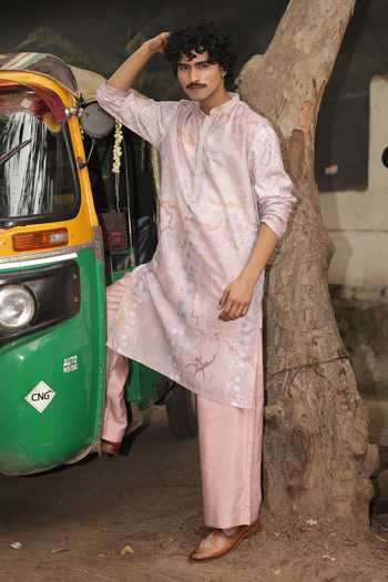 Shop_Dev Ki Raha_Pink Silk, Cotton Gulabi Safar Printed Kurta Set _Online_at_Aza_Fashions