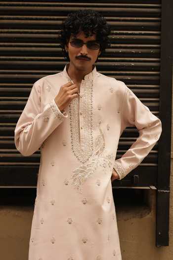 Shop_Dev Ki Raha_Pink Silk Auto Wala Embroidered Kurta Set _Online_at_Aza_Fashions