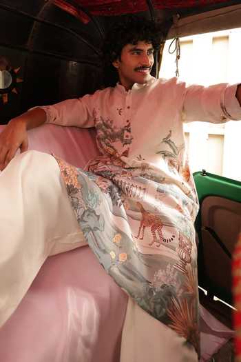 Dev Ki Raha_Multi Color Silk, Cotton Meter Full Cityscape Print Kurta Set _at_Aza_Fashions