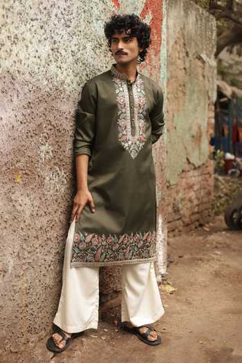 Buy_Dev Ki Raha_Olive Green Silk Signal Embroidered Kurta Set _Online_at_Aza_Fashions