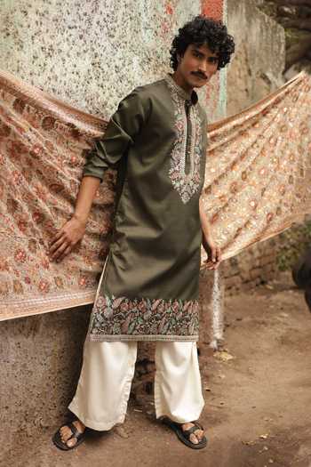 Shop_Dev Ki Raha_Olive Green Silk Signal Embroidered Kurta Set _Online_at_Aza_Fashions