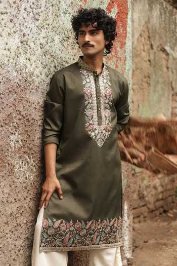 Dev Ki Raha_Olive Green Silk Signal Embroidered Kurta Set _at_Aza_Fashions