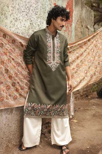 Buy_Dev Ki Raha_Olive Green Silk Signal Embroidered Kurta Set 