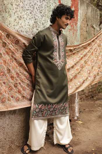 Shop_Dev Ki Raha_Olive Green Silk Signal Embroidered Kurta Set 