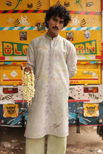 Shop_Dev Ki Raha_Lilac Silk, Cotton Seher Ki Khushboo Printed Kurta Set _Online_at_Aza_Fashions