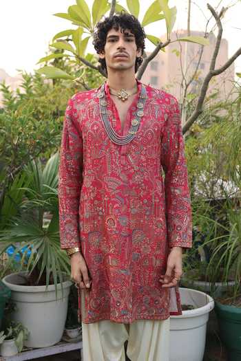 Buy_Dev Ki Raha_Red Georgette Gulbaag Embroidered Kurta Set _Online_at_Aza_Fashions