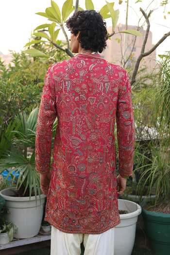 Shop_Dev Ki Raha_Red Georgette Gulbaag Embroidered Kurta Set _Online_at_Aza_Fashions