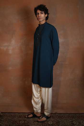 Shop_Dev Ki Raha_Blue Chaand Aab Embroidered Kurta And Salwar Set _Online_at_Aza_Fashions