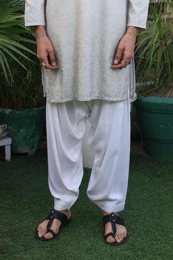 Dev Ki Raha_Silver Silk Raahgir Embroidered Kurta And Salwar Set _Online_at_Aza_Fashions