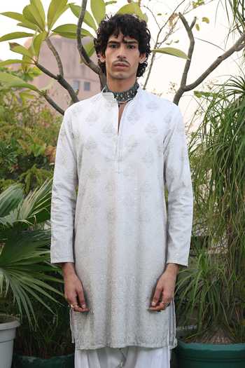 Buy_Dev Ki Raha_Silver Silk Raahgir Embroidered Kurta And Salwar Set _Online_at_Aza_Fashions