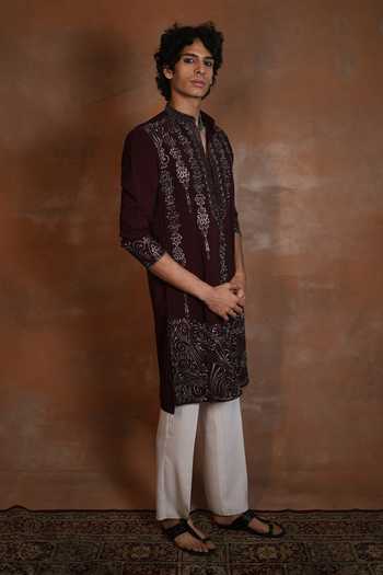 Dev Ki Raha_Wine Zardoziya Embroidered Kurta Pant Set _Online_at_Aza_Fashions