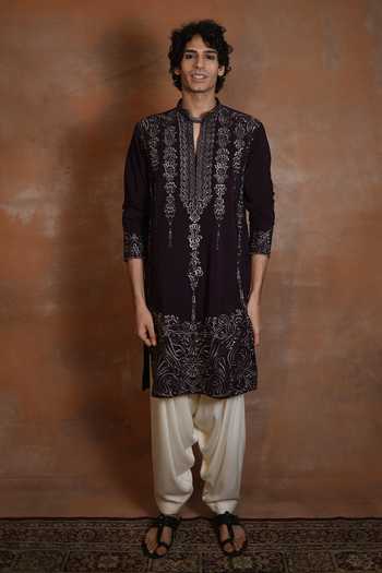 Shop_Dev Ki Raha_Wine Gulzar Embroidered Kurta And Salwar Set _Online_at_Aza_Fashions