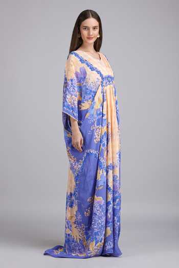 Mandira Wirk_Purple Viscose V-neck Denser Duo Floral Print Crepe Kaftan _Online_at_Aza_Fashions