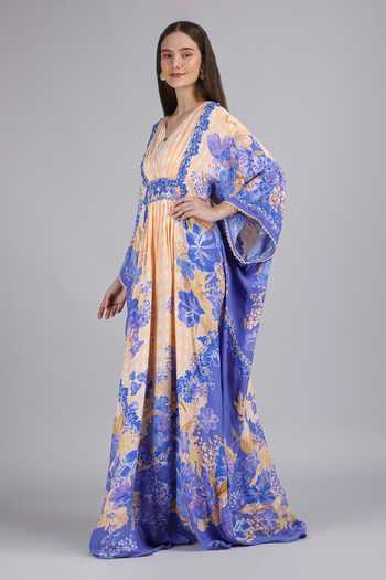 Buy_Mandira Wirk_Purple Viscose V-neck Denser Duo Floral Print Crepe Kaftan _Online_at_Aza_Fashions