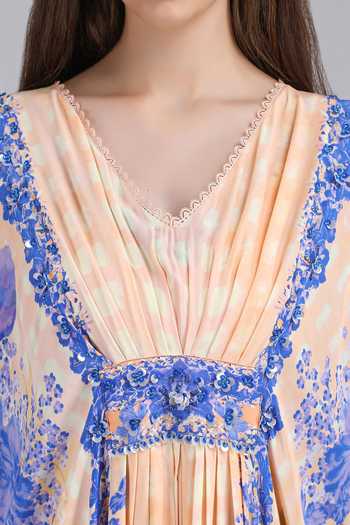 Shop_Mandira Wirk_Purple Viscose V-neck Denser Duo Floral Print Crepe Kaftan _Online_at_Aza_Fashions