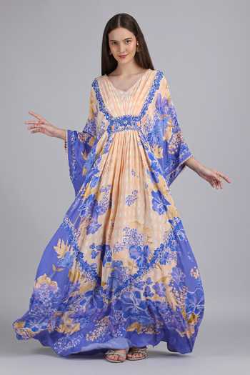 Mandira Wirk_Purple Viscose V-neck Denser Duo Floral Print Crepe Kaftan _at_Aza_Fashions