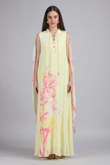 Mandira Wirk_Yellow Crepe, Viscose Split V-neck Placement Print Dress _Online_at_Aza_Fashions