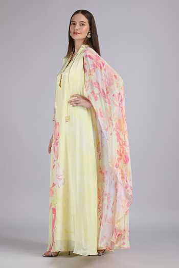 Buy_Mandira Wirk_Yellow Crepe, Viscose Split V-neck Placement Print Dress _Online_at_Aza_Fashions