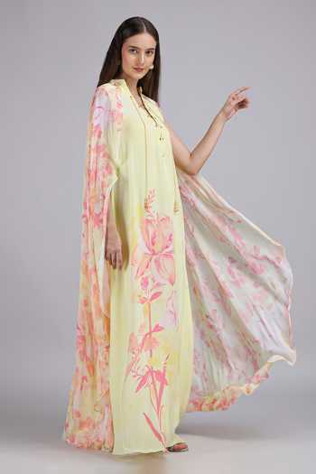 Shop_Mandira Wirk_Yellow Crepe, Viscose Split V-neck Placement Print Dress _Online_at_Aza_Fashions